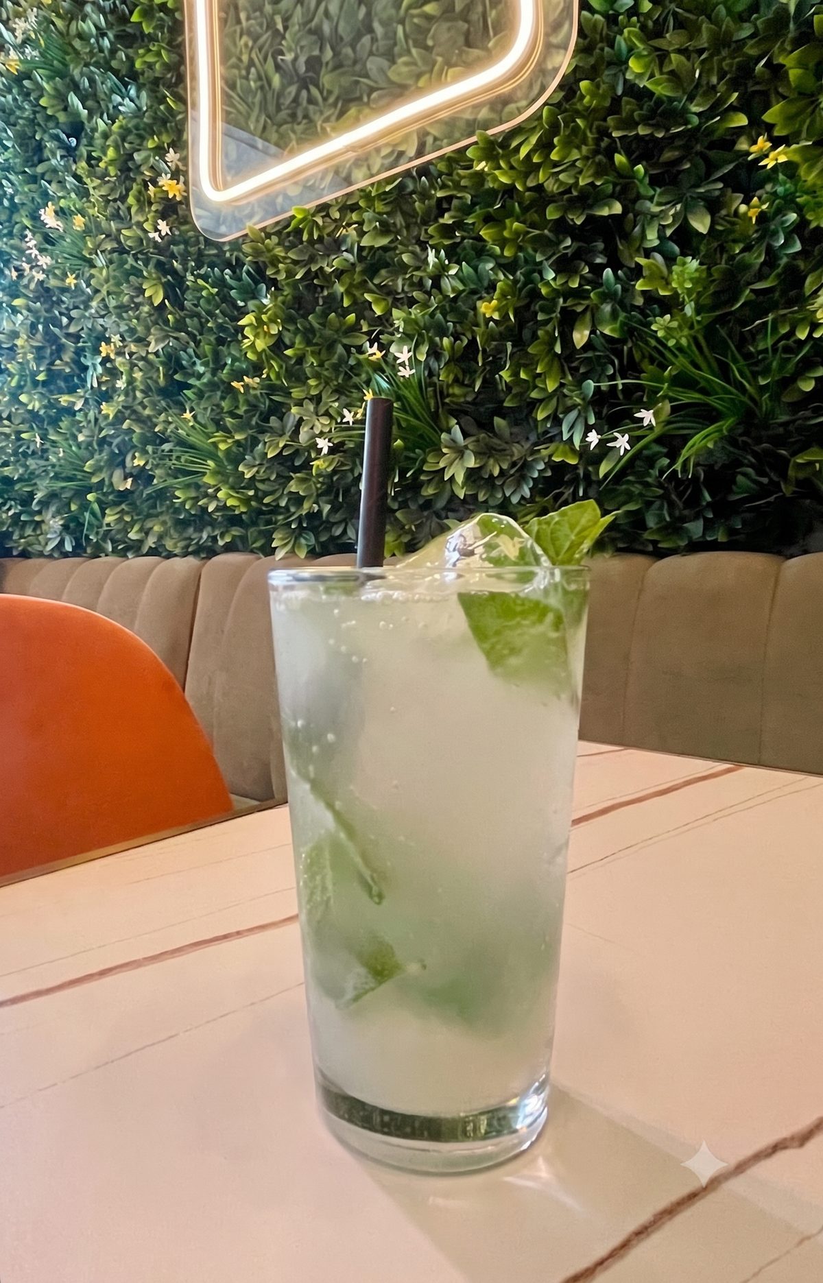 Vaso highball con Mojito, hojas de menta, lima y hielo.